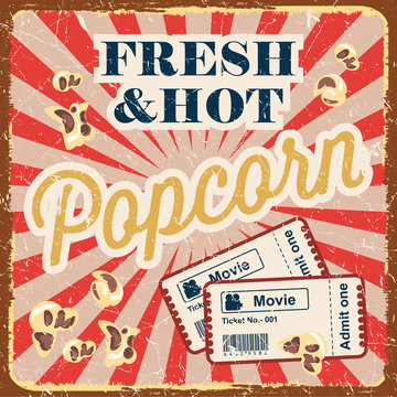 Vintage style poster with popcorn, movie time concept