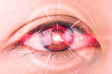 Close-up of woman's red eye the futuristic, contact lens, eye ca