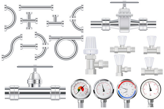 Metal pipes, chrome pipe flange,  Water valve. Manometer.