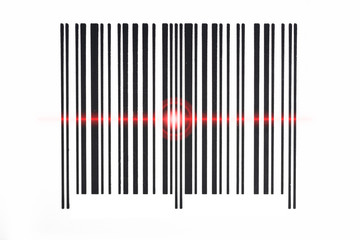 Barcode scanning red beam on white background.