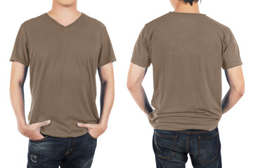 Close up of man in front and back brown shirt on white backgroun