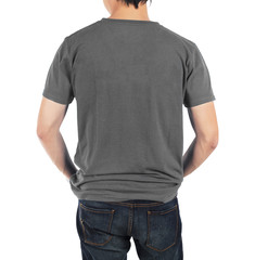 Obraz premium Close up of man in back grey shirt on white background.