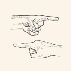 Vector poining finger gesture. Forefinger hand drawn sketch.