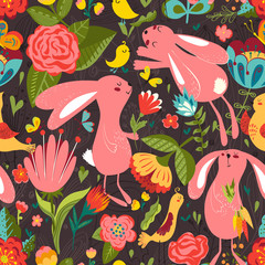 Flowers and bunnies seamless pattern