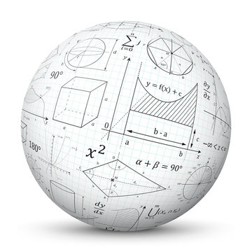 Weiße 3D Kugel mit mathematischen Formeln - Vektor Ball mit Mathe Textur. Formelsammlung auf karriertem Papier gemappt auf Oberfläche. Geometrie, Integral, Fläche. Geometrische Zeichen und Symbole.