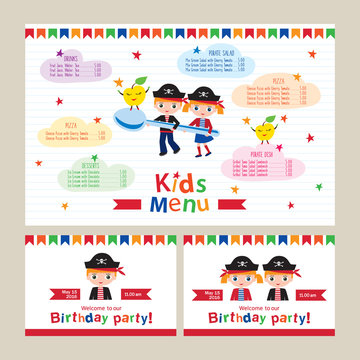 Kids menu vector template. Kids menu for a pirate birthday party. Invitation to a children's party. Pirate birthday. Menu for cafes, restaurants. Cover for children's menu. Sketch for your design.