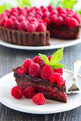 Chocolate tart with fresh raspberries.