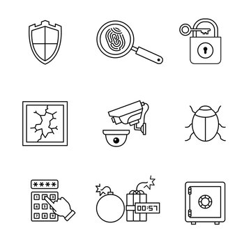 Security and cybersecurity icons thin line art set