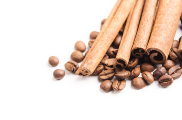 cinnamon and coffee beans isolated