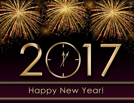 2017 Happy New Year background  with fireworks and gold clock