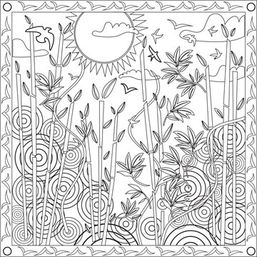 Page Coloriage pour Adultes Livre Design Motif Bambou Japon Vecteur Illustration 