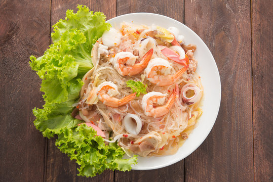 Vermicelli salad on woooden table