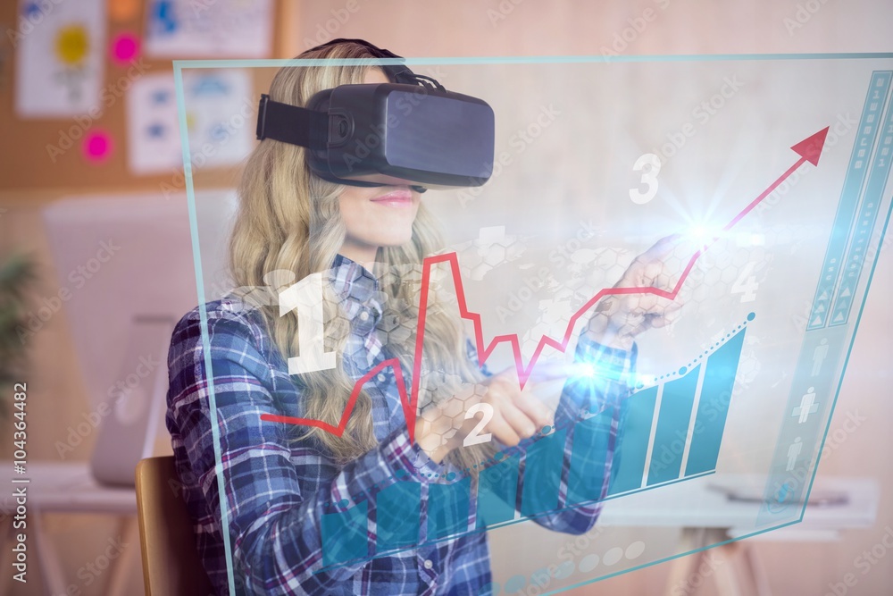 Poster composite image of pretty casual worker using oculus rift