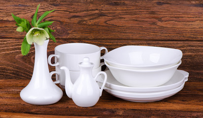white crockery on a wooden background