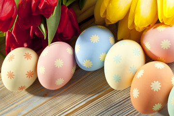Colorful flowers and Easter eggs
