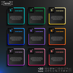 Vector infographic design with colorful squares on the black bac