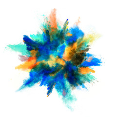 Explosion of colored powder on white background