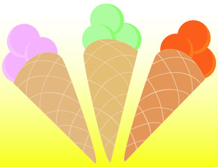 Three beautiful ice cream cones, different colors, vector food illustration