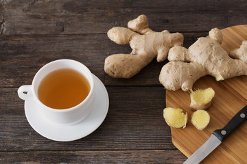 Cup of Ginger tea on dark blue background