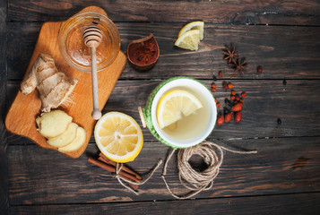 cup of green tea with lemon, ginger and cinnamon