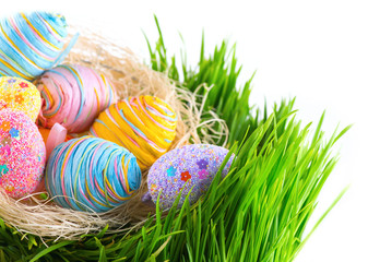 Easter colorful eggs in the nest on green spring grass isolated on white background