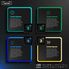 Vector infographic design with colorful squares on the black background