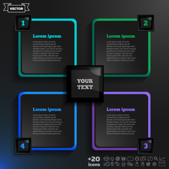 Vector infographic design with colorful squares on the black background