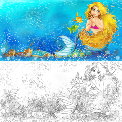Obraz na płótnie Canvas Cartoon marmaid in the sea - with coloring page - illustration for the children