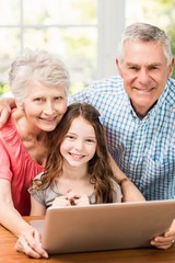 Portrait of smiling grandparents and granddaughter using laptop