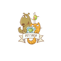 Pet shop logo.Cute cartoon dog, cat, parrot and aquarium with fector image.
