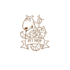 Pet shop logo.Cute cartoon dog, cat, parrot and aquarium with fector image. Contour image.