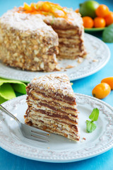 Napoleon cake with chocolate cream.