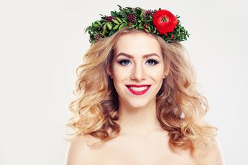 Woman with Clear Skin, Curly Blond Hair and Flowers Wreath