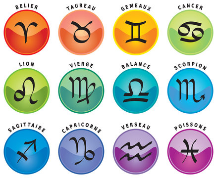 Signes du Zodiaque / 12 Icônes d'Astrologie avec leur Noms en Français 