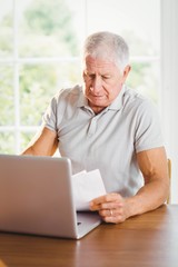 Senior man holding sheets and using laptop