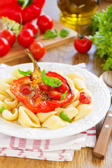 Pasta with roasted peppers and tomatoes.