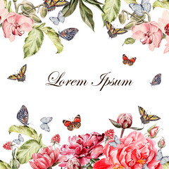 Beautiful watercolor card with peony flowers and orchid flower. Butterflies and plants.  © knopazyzy