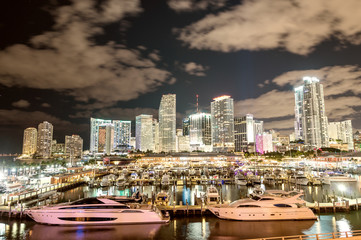 Miami night skyline from Port Boulevard. Florida sunset