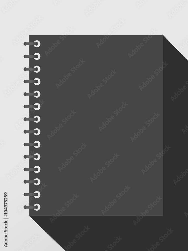 Poster closed black notepad notebook with spiral and long shadow on gray background