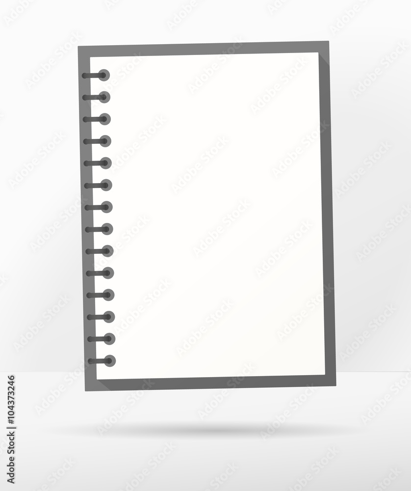 Poster open blank realistic notepad notebook with spiral next to gray wall