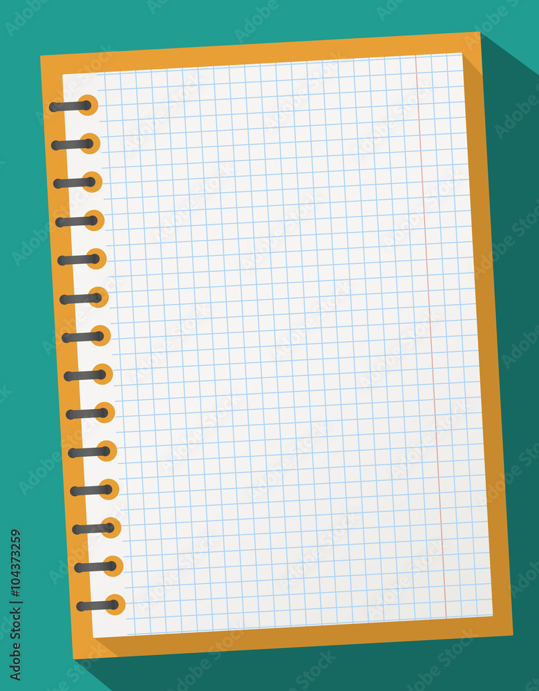 Poster open squared realistic notepad notebook with spiral and long shadow on gray background