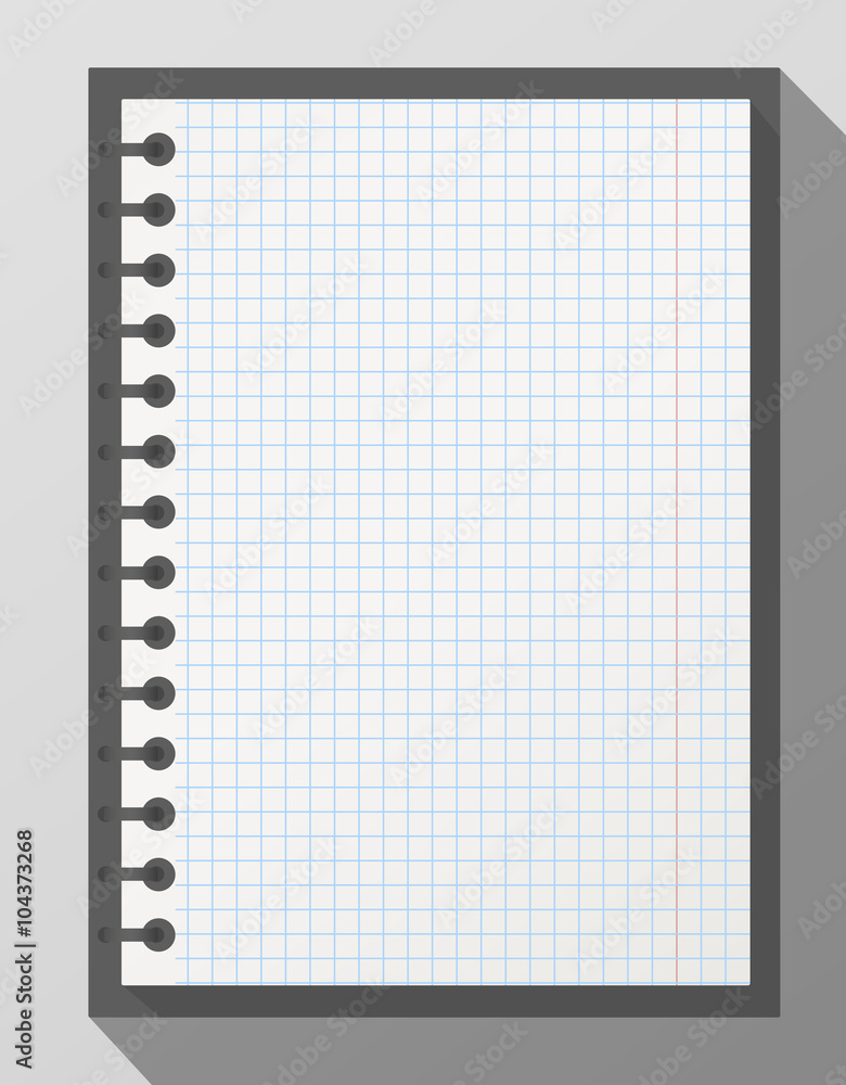 Poster open squared realistic notepad notebook with spiral and long shadow on gray background