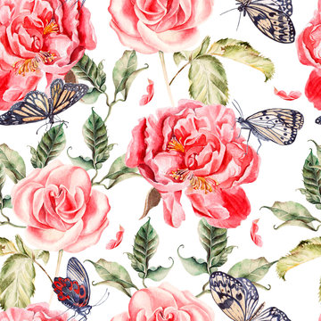 Pattern with watercolor realistic rose, peony and butterflies.  