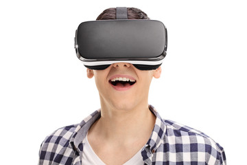 Joyful man using a VR headset