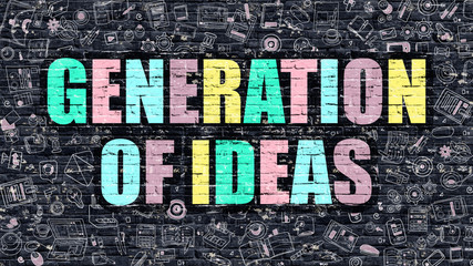 Generation of Ideas Concept. Modern Illustration. Multicolor Generation of Ideas Drawn on Dark Brick Wall. Doodle Icons. Doodle Style of  Generation of Ideas Concept. Generation of Ideas on Wall.