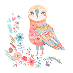 Obraz premium Watercolor floral background with a beautiful owl