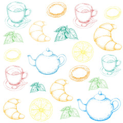 Hand drawn tea collection. Ink hand drawn background. Vector illustration.