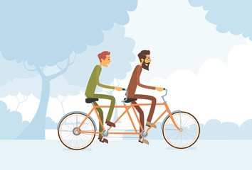 Two Casual Man Riding Tandem Bicycle