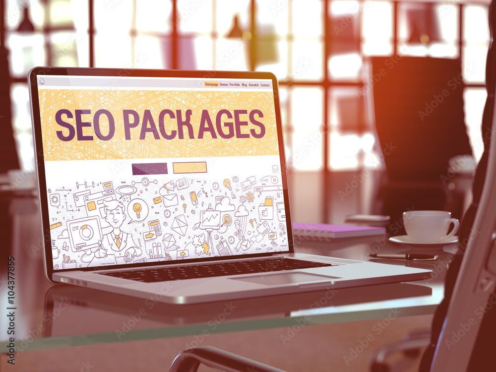 Poster seo - search engine optimization - packages concept closeup on landing page of laptop screen in mode