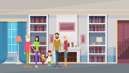 Big Family Grandparents, Parents, Two Kids In Modern House Home Living Room Interior 